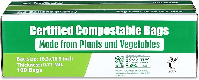 Compost Bags, Compostable Trash Bags 2.6 Gallon Compostable Bags 100 Count Small Compost Bags for Countertop bin Extra Thick 0.71 Mil. ASTM D6400 Certified By BPI and TÜV AUSTRIA