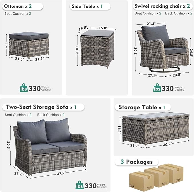 MEISSALIVVE Outdoor Patio Furniture Set with Swivel Chairs, 7 Pieces Wicker Rattan Sofa Couch with Loveseat, Patio Conversation Set with Rocker Patio Chair, 2 Ottomans and Coffee Table (Grey)