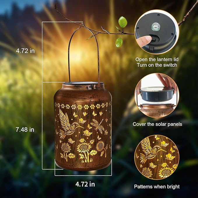 Hummingbird Lantern Solar Outdoor, Birthday Gifts for Women, Mom, Grandma Solar Light Outdoor Waterproof LED Decorative Garden for Lawn, Landscape, Patio, Porch Hanging Lantern for Christmas Decor