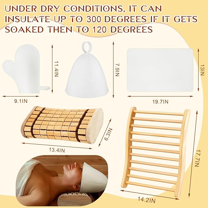 JaGely 5 Pcs Sauna Accessories Include Slip Resistant Sauna Backrest, Wood Sauna Headrest Pillow, Sauna Hat, Seat Pad and Sauna Glove for Barrel or Infrared Sauna