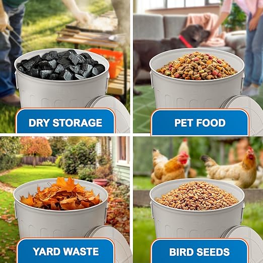 Plexon Large Metal Trash Can with Lid 20 Gallon, Decorative Outdoor Trash Can, Heavy Duty Galvanized Metal Bucket with Lid for Kitchen Garage Farmhouse, Beige, 3 Pack