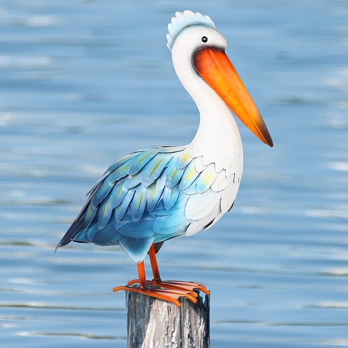 Pelican Statues Metal Garden Decor Coastal Blue Heron Yard Art Sculpture Ornament for Backyard Porch Patio Pond Decor