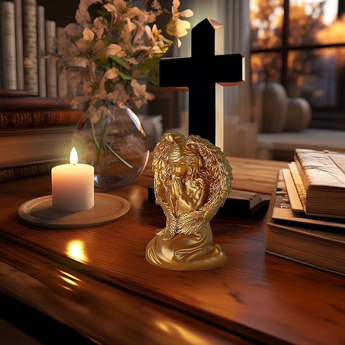 INLOMEM Praying Angel Figurine, Sculpted Hand-Painted Figurine Angel Wings Statue for Home Decor or Garden First Communion Gifts for Girls Religious Gifts for Women (Gold)