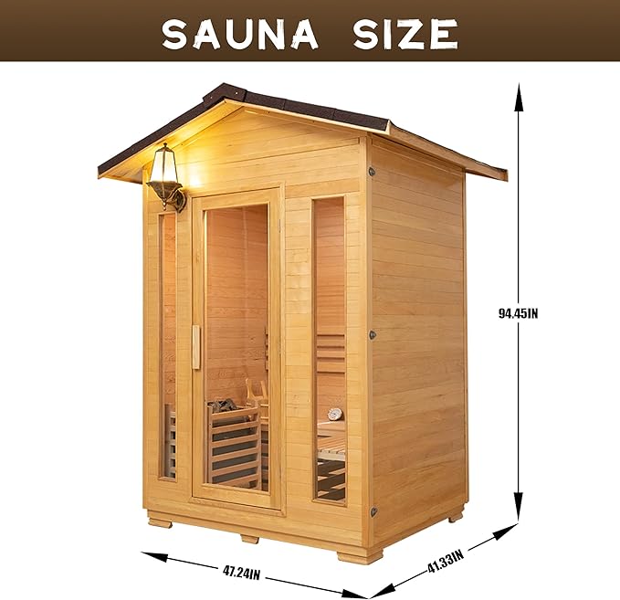 2 Person Outdoor Wooden Sauna Room,Canadian Cedar 220V 6KW Electric Stove Backyard Steam Sauna Kit with Light (Wood Color)