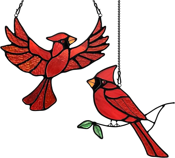 BOXCASA Cardinal Gfits Stained Glass Birds Window Hanging,Cardinal Handmade Ornament Stained Glass Suncatcher for Window,Cardinals Bird Gifts for Bird Lover Women,Memorial Gift for Mother