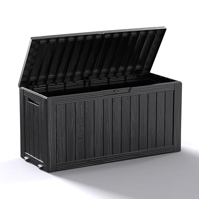ROJIK Outdoor Storage Box with Wheels,75 Gallon Waterproof Resin Deck Box, Lockable Storage for Patio Cushions,Garden Tools,Pool Accessories,UV-Resistant Storage Bench for Backyard & Deck（Black）