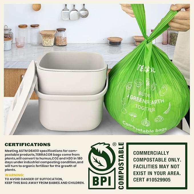 Compost Bags, Handle Tie Food Scrap Bags 3 Gallon,100 Count,Certified by BPI and ASTM D6400, Kitchen Compost Bin Compatible