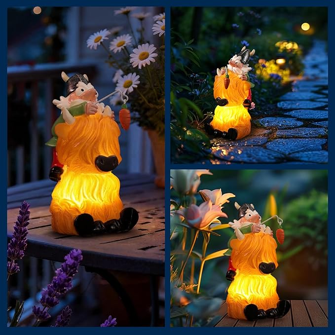 Garden Gnome Statue Highland Cow Gift,Yard Patio Balcony Outdoor Decor Solar Light Figurine, Christmas, Housewarming Gift,Idea Gift for Mom, Neighbor,Gnome Lover