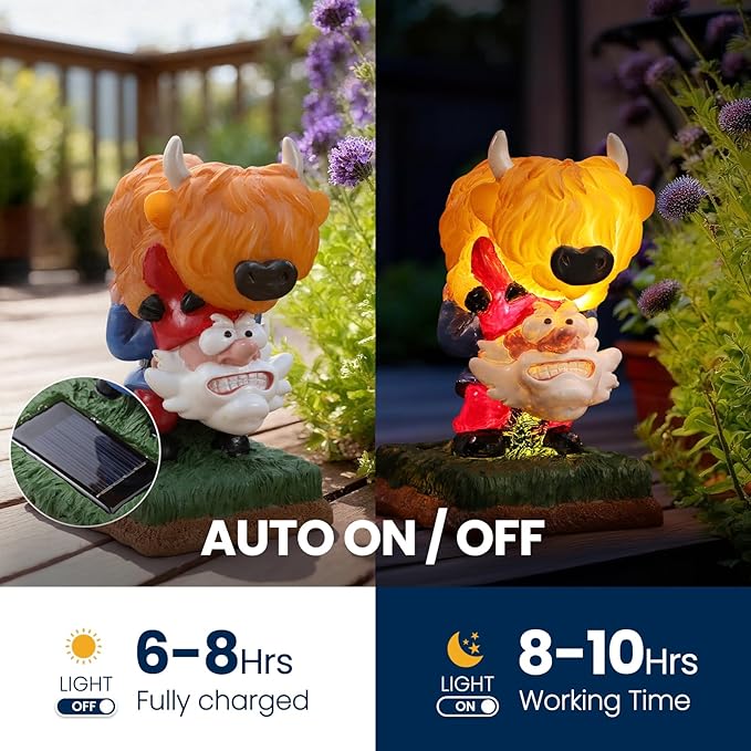 Garden Gnome Statue Highland Cow Gift,Yard Patio Balcony Outdoor Decor Solar Light Figurine, Christmas, Housewarming Gift,Idea Gift for Mom, Neighbor,Gnome Lover