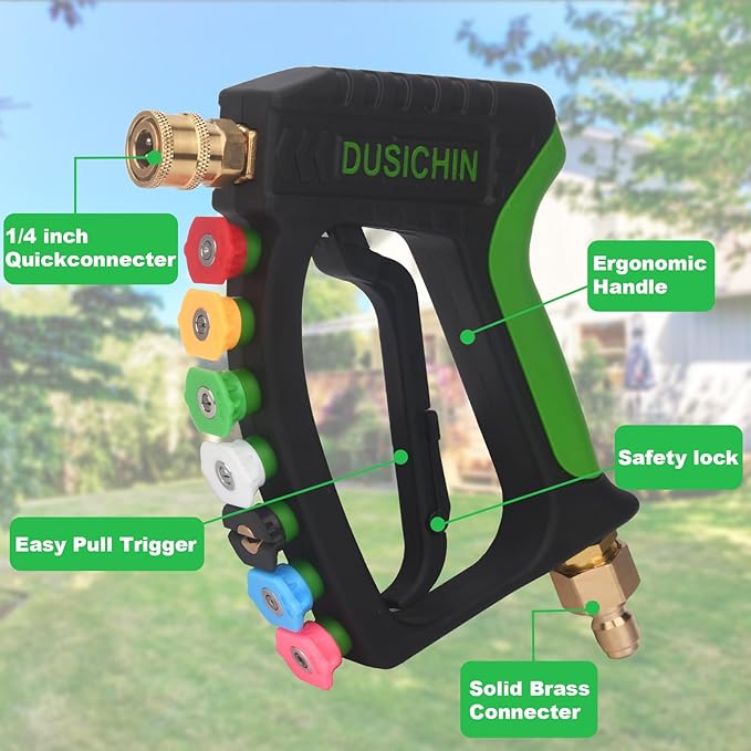 DUSICHIN Short Pressure Washer Gun 4000 PSI High Pressure Water Handle 1/4”Quick Connector,Car Wash Foam Gun Nozzle Tips Holder with Swivel 3/8" Quick Connector,M22-14 mm and M22-15 mm Fitting DUS2902