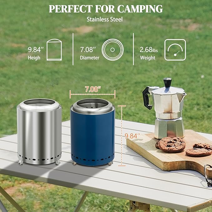 Tabletop Fire Pit 9.7 x 7.1 Inch with Removable Ash Pan, Smokeless Firepit Camping Stove with Bag for Outdoor Safe Burning Firepits, Stainless Steel Wood Burning Fire Pits for Heating, Blue