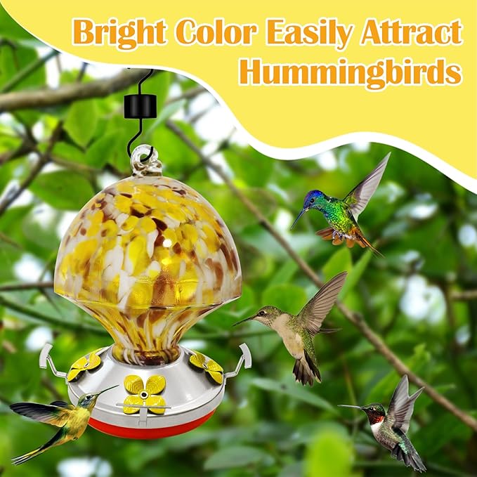 ruiyi itm Glass Hummingbird Feeder with Ant Moat 25.4 OZ Large Capacity Hand Blown Glass Yellow Hanging Bird Feeder for Backyard Garden Outdoors Decorations with S Hook Brus Gift for Bird Lovers