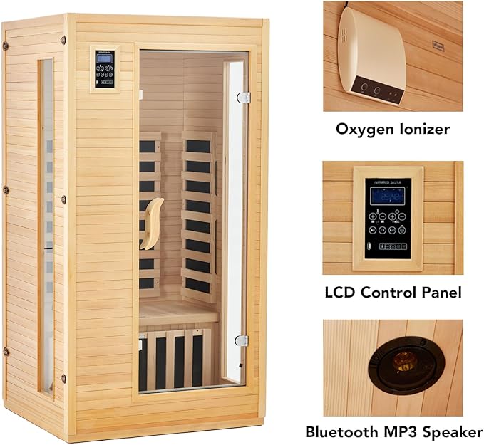 1 or 2 Person Sauna, Low EMF 6 Heating Plate Infrared Physical Therapy Wooden Dry Steam Sauna with MP3 Auxiliary Connection, Dual Controls, Iron Shirt Wall Plate, Home Spa Day Use, Winter Gift