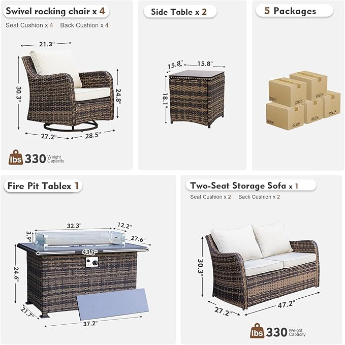 MEISSALIVVE 8 Pieces Patio Furniture Set with 43" Fire Pit Table, Wicker Patio Conversation Set with Swivel Rocking Chairs, Outdoor Patio Set for Lawn Backyard Porch (Brown)