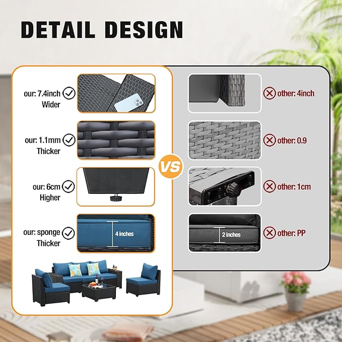 6 Pieces Patio Furniture Set All-Weather Outdoor Wicker Sectional Conversation Sofa Rattan Patio Seating Sofa with Cushion and Glass Table for Porch Poolside,Peacock Blue