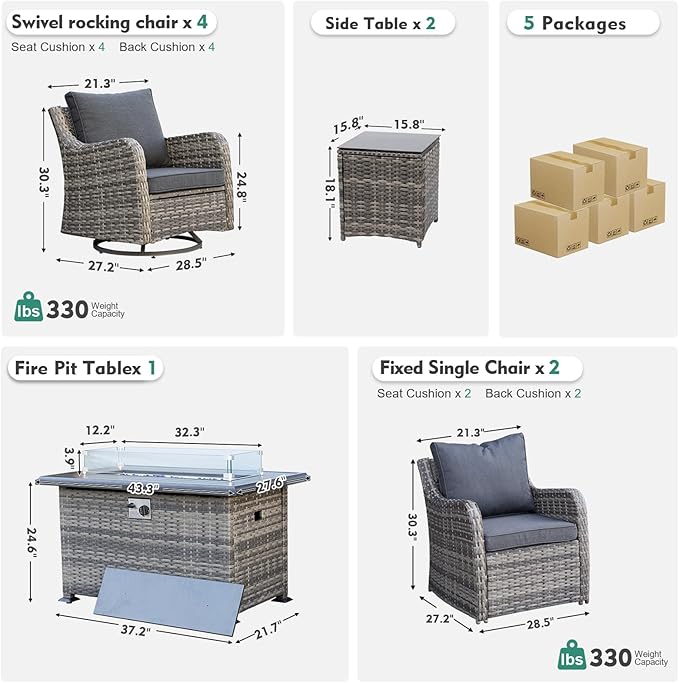 MEISSALIVVE 9 Pieces Patio Furniture Set with 43" Fire Pit Table, Wicker Patio Conversation Set with Swivel Rocking Chairs, Outdoor Patio Set for Lawn Backyard Porch (Grey)