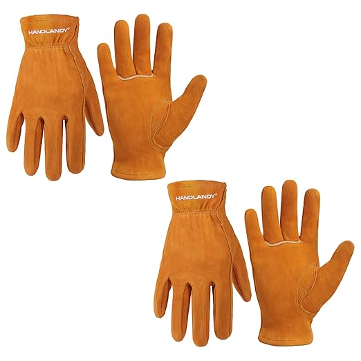 HANDLANDY 2 Pairs Kids Genuine Leather Work Gloves for ages 3-11, Children Gardening Gloves for Boys, Girls (Medium (for age 5-7), Orange)