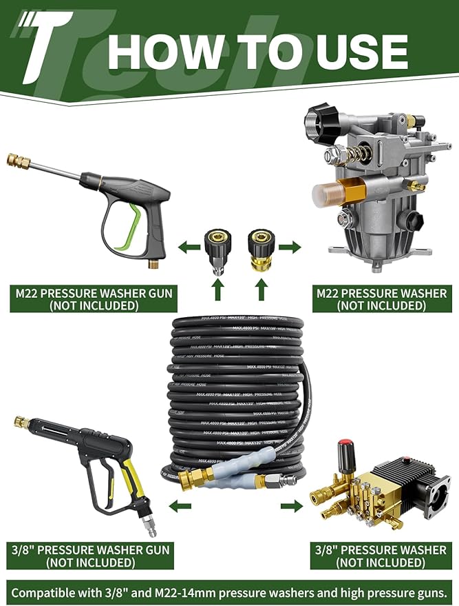 3/8" 4800PSI Pressure Washer Hose 75FT with Swivel Quick Connect for Cold/Hot Water Max 248°F, Kink Resistant Steel Wire Braided, Wear Resistant Power Washer Hose with M22 14mm Adapter