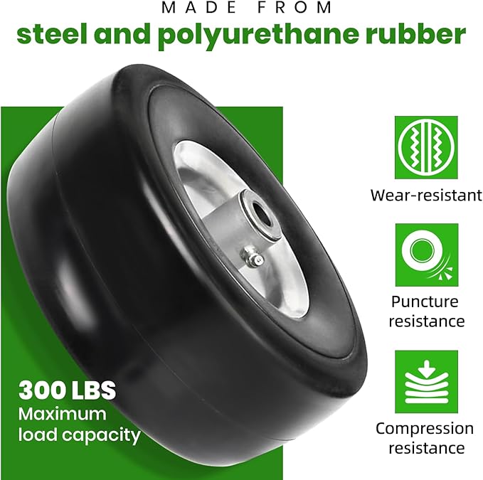 (4-Pack) 9x3.50-4” Flat Free Lawnmower Tire with 4" Centered Hub, 3/4" Bushings and Wheel Assemblies - PU Tire on Wheel and Adapter Kits