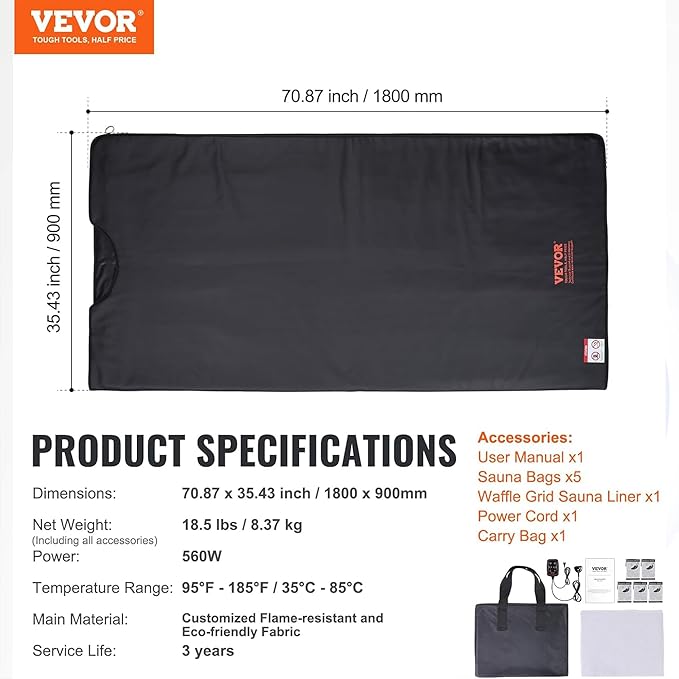 VEVOR Far Infrared Carbon Heating Sauna Blanket for Detoxification and Home Relaxation, Portable with 1-6 Level Adjustable Temperature Range (95-185℉) and 1-60 Minutes Timer