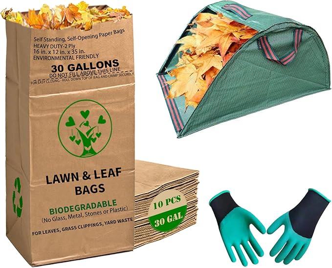 30 Gallon Heavy Duty Brown Paper Lawn Leaf Bags with Leaf Collector Leaf Loader 2-Ply Heavy Duty Large Kraft Paper Bags (10 Count) | Tear Resistant Yard Waste Bag for Home and Garden