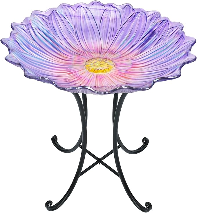 MUMTOP Outdoor Glass Birdbath with Metal Stand for Outside Yard Garden Decor, 18 inch Diameter Purple Bird Baths Bowl for Outdoors, 21 inch Height