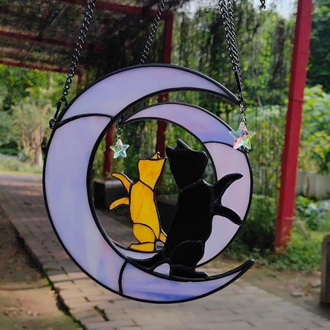 Black Cat Suncatcher for Stained Glass Windows Hanging,6.7“x6.1 Handmade Stained Glass Cat Gifts for Women,Witchy Gifts for Women,Birthday,Christmas,Mother's Day