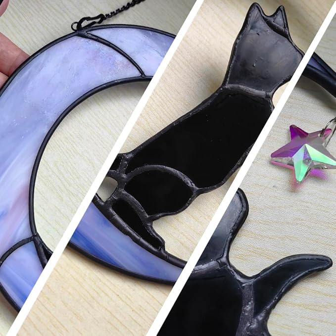 Black Cat Suncatcher for Stained Glass Windows Hanging,6.7“x6.1 Handmade Stained Glass Cat Gifts for Women,Witchy Gifts for Women,Birthday,Christmas,Mother's Day