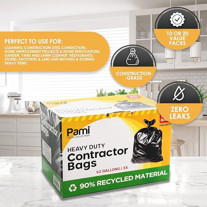 PAMI Heavy Duty 42 Gallon Contractor Garbage Bags, Tear Resistant Construction Bags Made from 90% Recycled Materials (20 Count, Black)