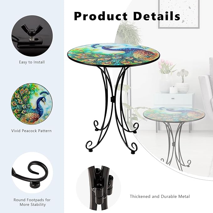 18 Inch Outdoor Side Table, Peacock Metal Accent Table, Indoor Small Round End Tables, Plant Stand Tables for Outside Yard Balcony Garden Bedside