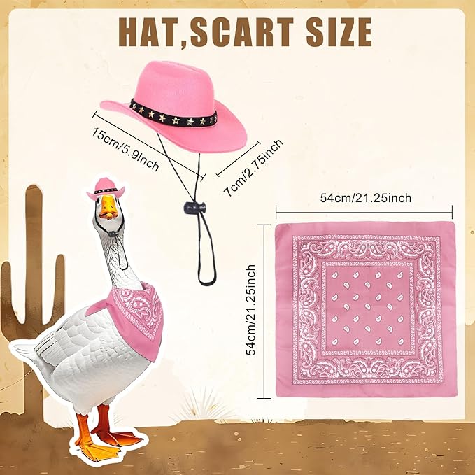 Porch Goose Outfits Western Cowboy Style, Lawn Cement Goose Clothes Outfits for Cement Goose Includes Adjustable Cowboy Hat and Scarf for 23/17″ Outdoor Statue(Pink)