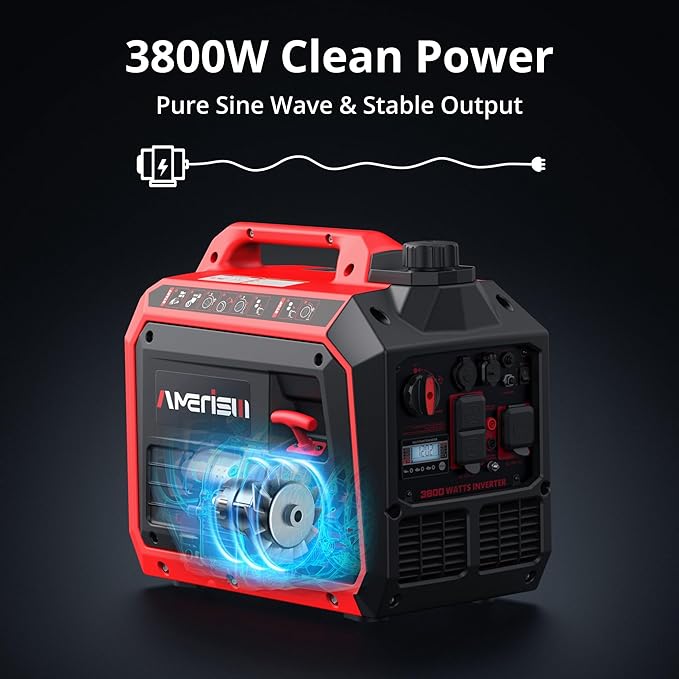3800W Portable Inverter Generator with CO Sensor, Gas Powered, Digital Display, Super Quiet and Lightweight Generator for Camping, Home Emergency Use, Tailgating, RV Ready, EPA Compliant