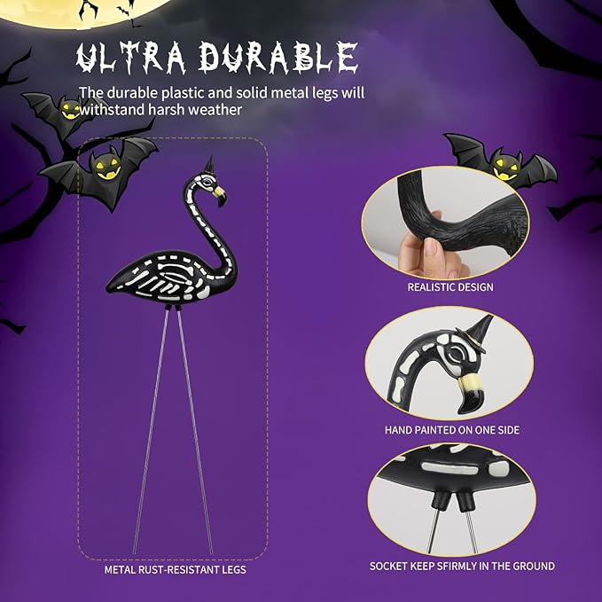 Halloween Black Flamingo Skeleton,Skeleton Flamingo Glow in The Dark, Zombie Flamingos for Spooky Graveyard Decorations, Skull Flamingo with Stakes for Halloween Lawn Ornaments, 2 Pack