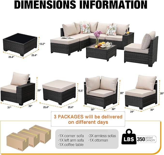 7 Pieces Patio Furniture Set All-Weather Outdoor Wicker Sectional Conversation Sofa Rattan Patio Seating Sofa with Cushion and Glass Table and Ottoman for Porch Poolside,Beige