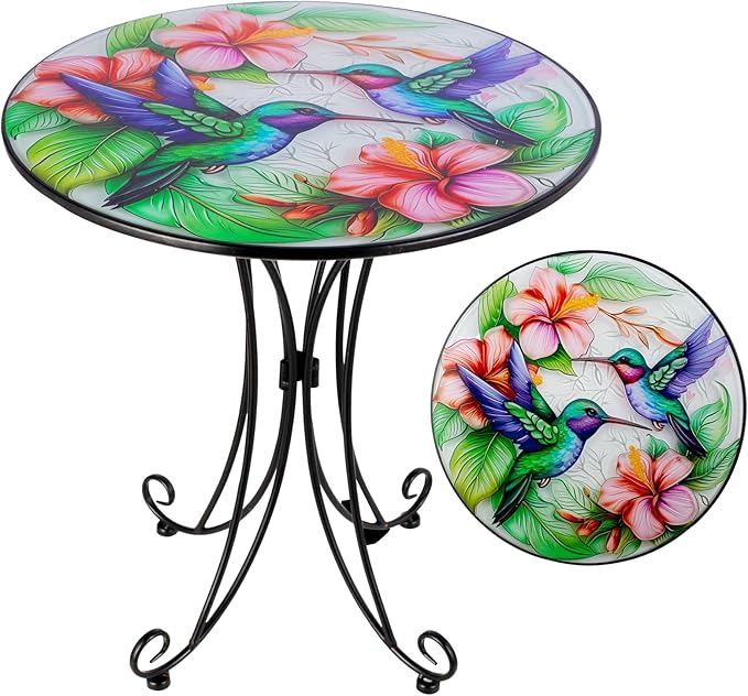 18 Inch Outdoor Side Table, Hummingbird Metal Accent Table, Indoor Small Round End Tables, Plant Stand Tables for Outside Yard Balcony Garden Bedside