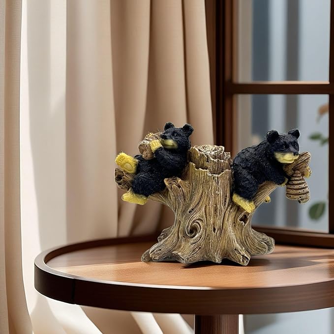 2 Black Bears on Branch Statue Figurine Sculpture Resin Collectible Gifts for Bear Lover Office Home Decor Desk Accessories Decoration Garden Figurines Outdoor Decor