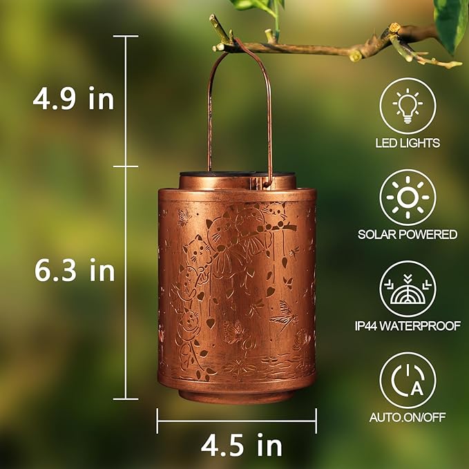 Solar Lanterns Garden Decor Birthday Gifts for Women Mon Grandma Metal Hanging Solar Lights Waterproof Outdoor Decoration for Outside LED Lanterns for Yard Patio Lawn (Cat)
