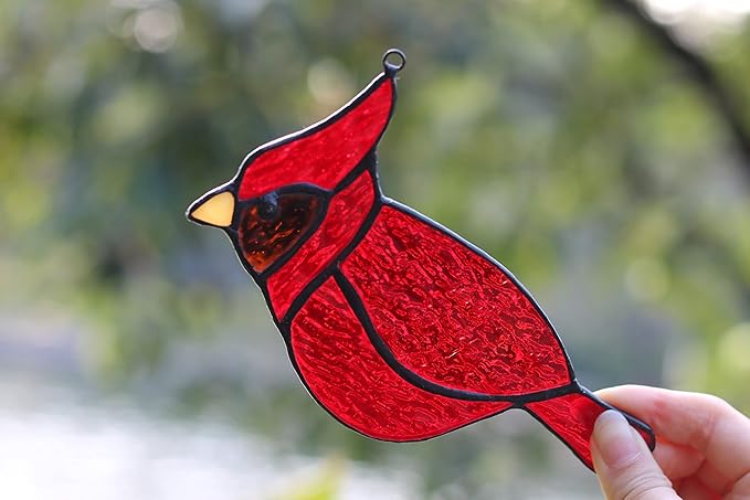BOXCASA Red Cardinal Suncatcher for Window, Handmade Stained Glass Hanging, Memorial Gift for Loss of Loved One, Decor for Women Mom Grandma Nana