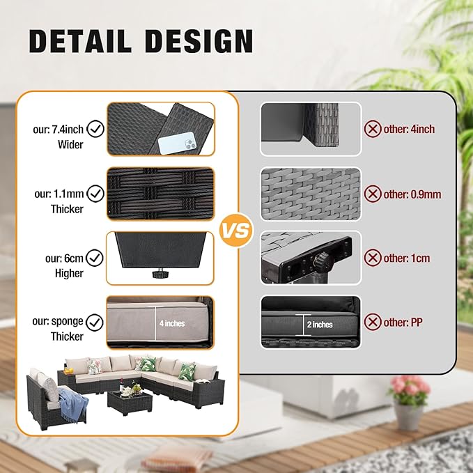 10 Pieces Patio Furniture Set All-Weather Outdoor Wicker Sectional Conversation Sofa Rattan Patio Seating Sofa with Cushion and Glass Table for Porch Poolside,Beige