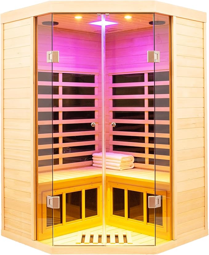 Infrared Sauna 2-3 Person Infrared Saunas for Home, Indoor Corner Sauna Spa Low Emf Infrared Sauna with 7 Color Therapy Dry Sauna for Home,2 Bluetooth Speakers, 2 LED Reading Lamp