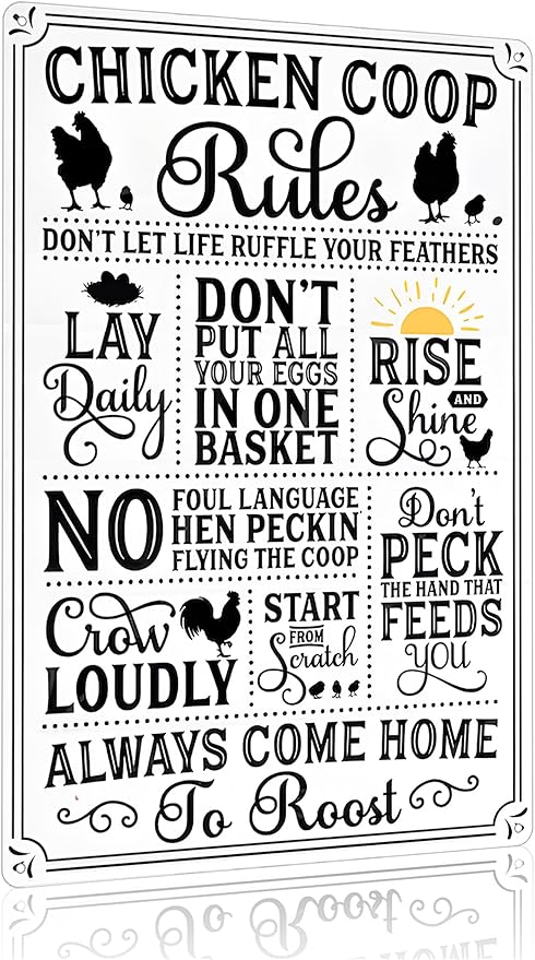 Funny Chicken Gifts Chicken Coop Rules Tin Sign for Home Farm Chicken Coop Farmhouse Kitchen Garden Decor 8 X 12 Inch (‌3720)
