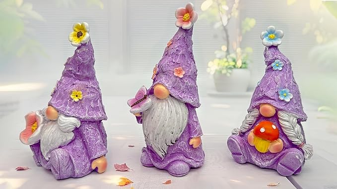 Gnome Decoration Figurine Outdoor Statue Resin 3pcs Flowers Spring Gnomes, Home Decoration Ornaments for Desktop Bookshelves Courtyard Garden Gift (Purple)
