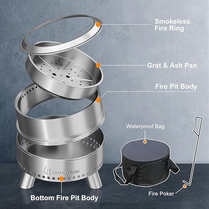 Smokeless Fire Pit with Waterproof Bag, 20 Inch Stainless Steel Fire Pits for Outside Wood Burning, Smokeless Firepit Outdoor Bonfire, Removable Ash Pan, Portable for Camping, Backyard
