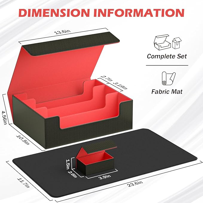 Trading Card Storage Box with Game Mat and 8 Divider Tabs, 3-Row Deck Case with Dice Tray, 3000+ Card Deck Box, Commander Deck Case for TCG, CCG, YuGiOh and Sport Card (Black & Red)