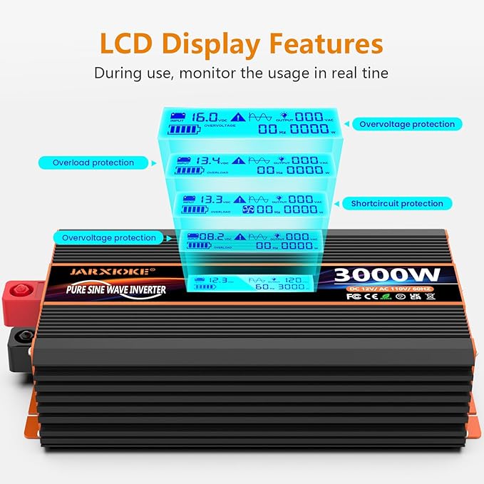 3000 Watt Pure Sine Wave Power Inverter 12V DC to 110V 120V Converter for Family RV Off Grid Solar System Car with Type-C Ports 4 AC Power Outlets Dual USB Ports LCD Display Wireless Remote Control