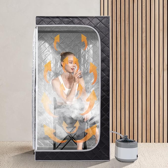 Smartmak Portable Home Steam Sauna, Full Size Personal Sauna Spa Box, Single Saunas Tent with Steamer, 4L 1500W Steam Generator 99 Min Timer, Remote Control, Upgraded Foldable Chair, Mat, Grey Border