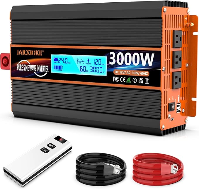 3000 Watt Pure Sine Wave Power Inverter 24V DC to 110V 120V Converter for Family RV Off Grid Solar System Car with Type-C Ports 4 AC Power Outlets Dual USB Ports LCD Display Wireless Remote Control