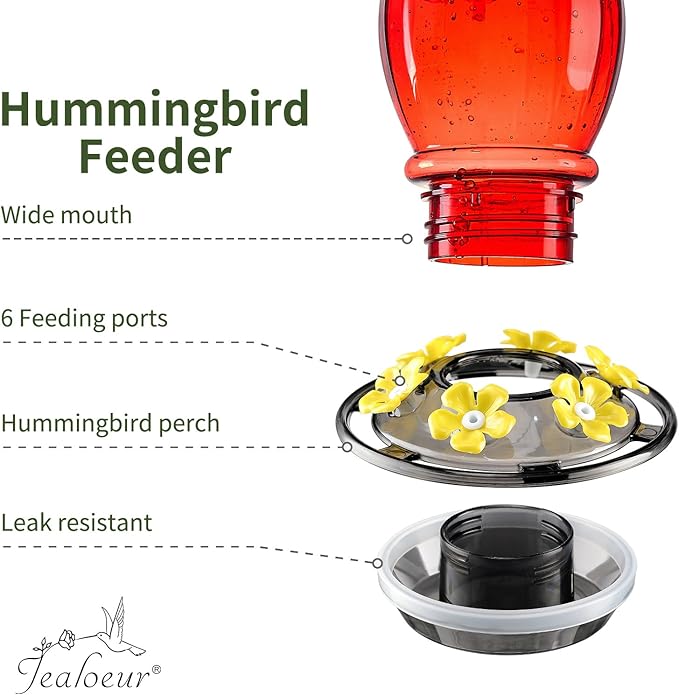 Hummingbird Feeder for Outdoors Hanging, 18 OZ Humming Birds Feeders with 6 Bee Guard Feeding Ports & Built-in Ant Moat, Easy to Clean, Durable Outdoor Garden Decor (Red 2 Pack-CC)