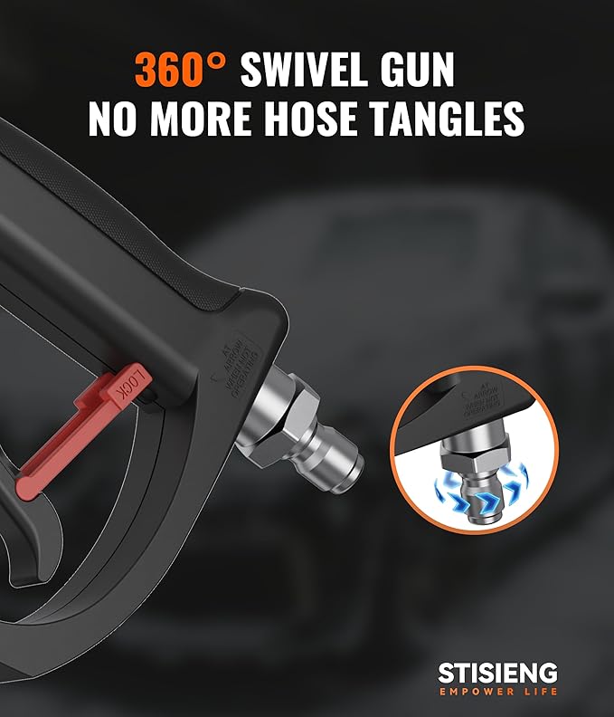 Short Pressure Washer Gun with 360° Swivel, High Pressure Stubby Power Washer Gun Kit with 5 Nozzle Tips, M22-14mm & 15mm Adapters, 3/8" QC for Car Wash Detailing & Cleaning (Black)