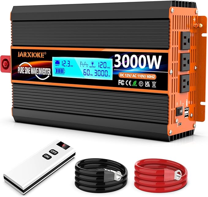 3000 Watt Pure Sine Wave Power Inverter 12V DC to 110V 120V Converter for Family RV Off Grid Solar System Car with Type-C Ports 4 AC Power Outlets Dual USB Ports LCD Display Wireless Remote Control